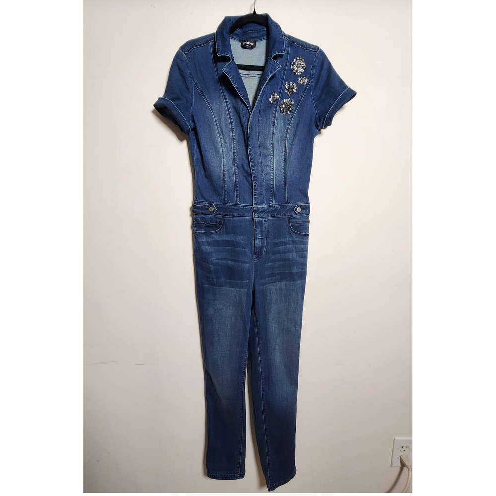 Vtg Bebe Rhinestone Denim Jumpsuit Sz 29 Snap Zip Close Short Sleeve Stretch Y2K